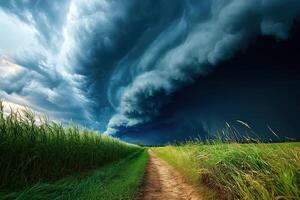 A dirt road is shown in front of a storm cloud photo