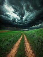 A dirt road leads to a field with dark clouds photo