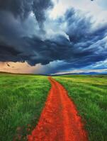 A dirt road leads into a field with storm clouds photo