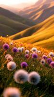 A field of dandelions in the mountains photo