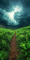Path through the green grass and stormy sky photo