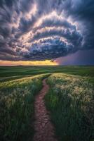 A path leads through a field with a storm in the background photo