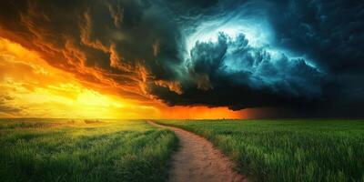 A path leads to a stormy sky with a dark cloud photo