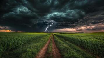 A stormy sky with lightning and a road in the middle photo