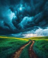 A dirt road in a field with storm clouds over it photo