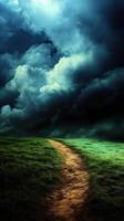 A dirt path leads to a dark sky with clouds photo