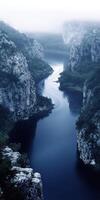 A river flowing through a gorge with trees and rocks photo