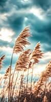 Reeds blowing in the wind under a cloudy sky photo