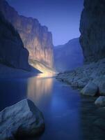 A river with rocks and water in the middle of a mountain photo