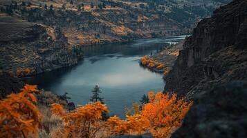 A river surrounded by trees and mountains photo