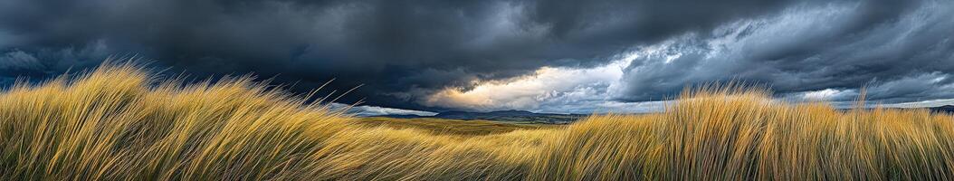 A stormy sky over a field with tall grass photo