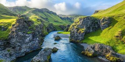 Beautiful landscape of iceland with river and mountains in the background photo