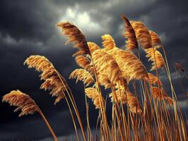 Reeds in the wind under a stormy sky photo
