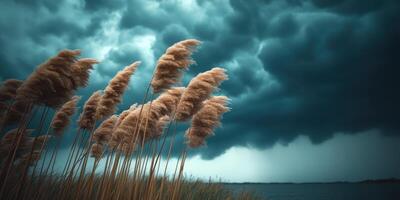 Storm clouds over the water with tall grass photo