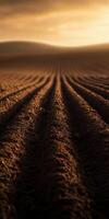 A plowed field with a sun setting behind it photo