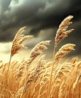 A field of wheat with dark clouds in the background photo