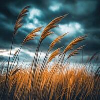 Tall grass blowing in the wind under a cloudy sky photo