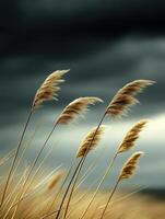 Three tall grasses blowing in the wind under a dark sky photo