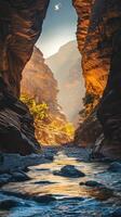 A river flows through a canyon in the desert photo