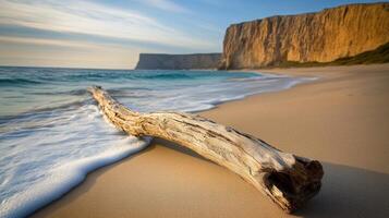 A driftwood log on the beach near a cliff photo