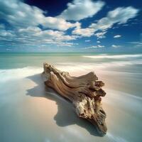 A driftwood log on the beach with blue sky and clouds photo