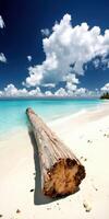 A log on the beach with blue water and clouds photo