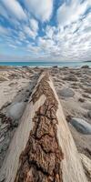 A log on the beach with a blue sky photo