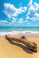 A log on the beach with waves and sky photo