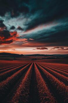 A field with rows of crops at sunset photo