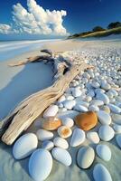 A driftwood log on a beach with shells and pebbles photo