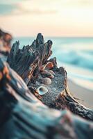 A beach with shells and driftwood photo