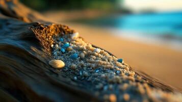 A close up of a beach with shells on it photo