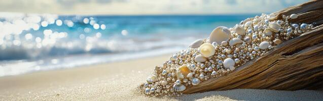 A log with shells on the beach photo
