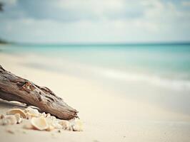 A log on the beach with shells and water photo