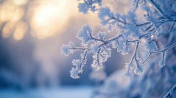 Frosty winter scene with trees and branches covered in snow photo