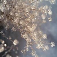 A close up of some white flowers on a branch photo