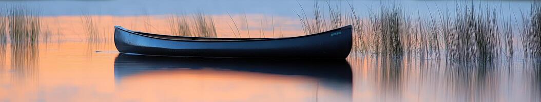 A canoe is floating in the water at sunset photo