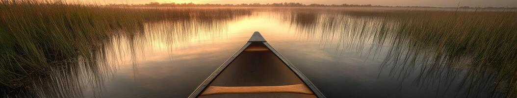 A canoe is seen in the water at sunset photo