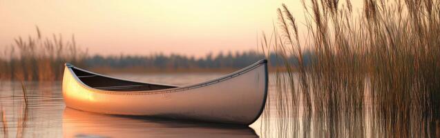 A canoe is floating in the water near tall grass photo