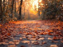 Autumn leaves on a path in the woods photo