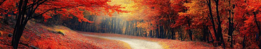 A path through the woods with red leaves photo