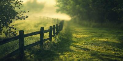 Foggy morning in the country with wooden fence photo