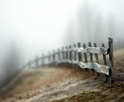 A fence is in the fog on a hill photo