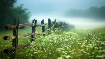 Foggy field with wooden fence and flowers photo