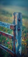 An old wooden fence with rusty metal posts photo