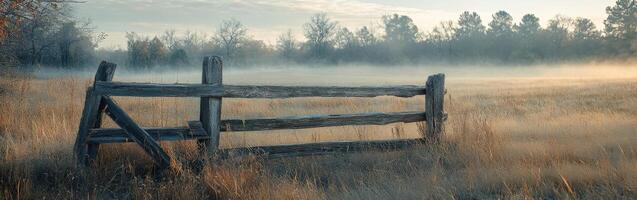 A wooden fence in a field with fog photo