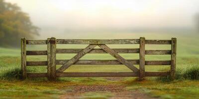 A gate in a field with foggy sky photo