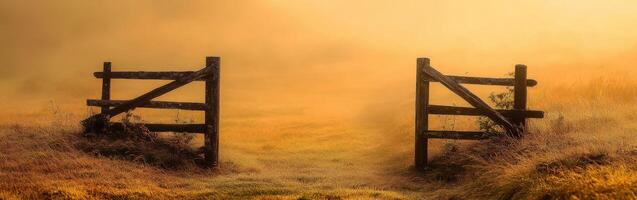 An open gate in a field with fog photo