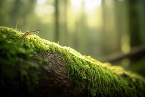 A small insect is sitting on a moss covered log photo