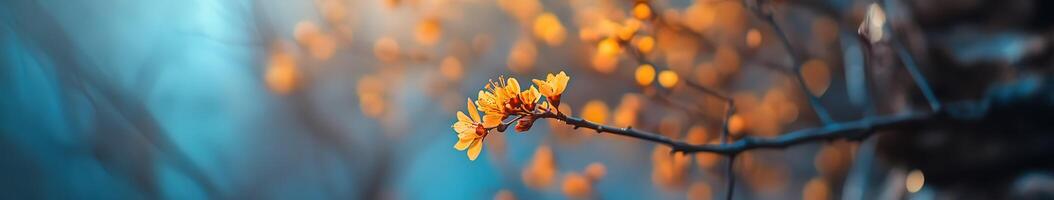 A single yellow flower on a branch in front of a blurry background photo